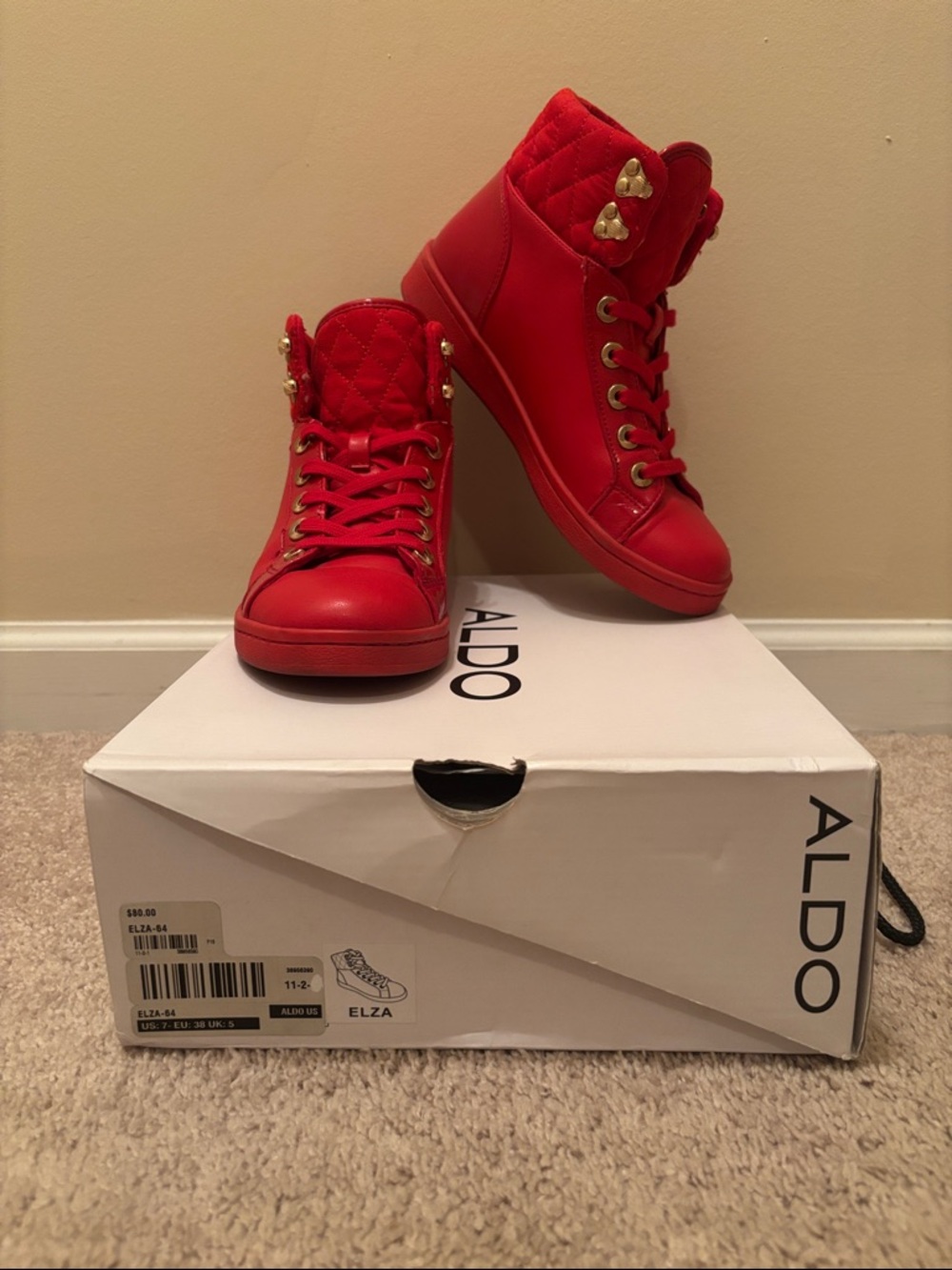 ALDO Red Quilted High-Top Sneakers with Gold Accents
